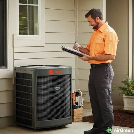Technician recording observations beside an outdoor condenser